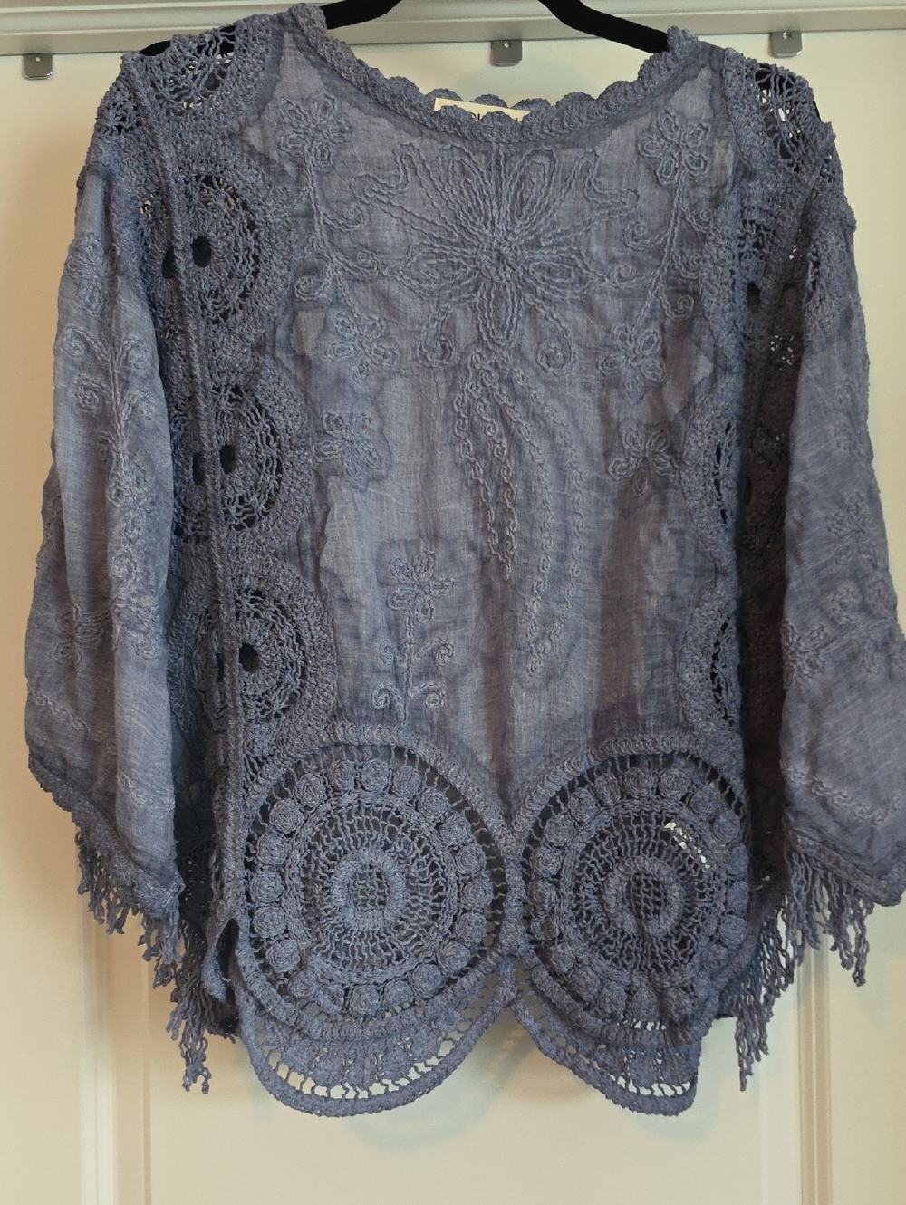 NWT ORIGINAL OS Cotton Mineral Wash Blue Crochet Accent & Embroidered Tunic Top